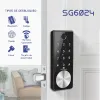 Foto de Cerrojo Digital SG6024 montada en puerta con especificaciones de tipos de apertura