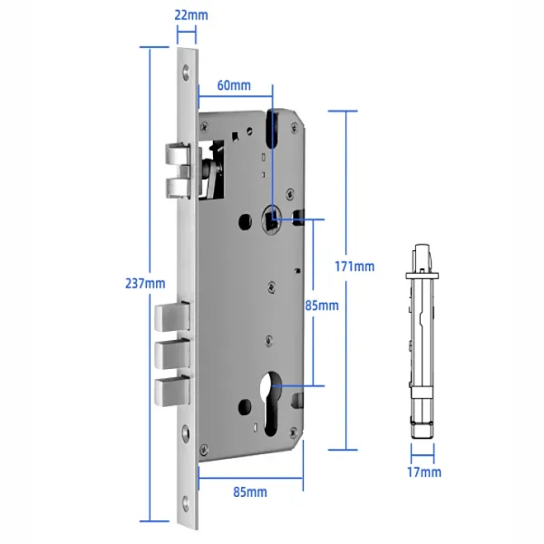 Imagen del mortise (cuerpo de embutir) que va inserto dentro de la puerta con sus medidas mostrando sus 3 pasadores