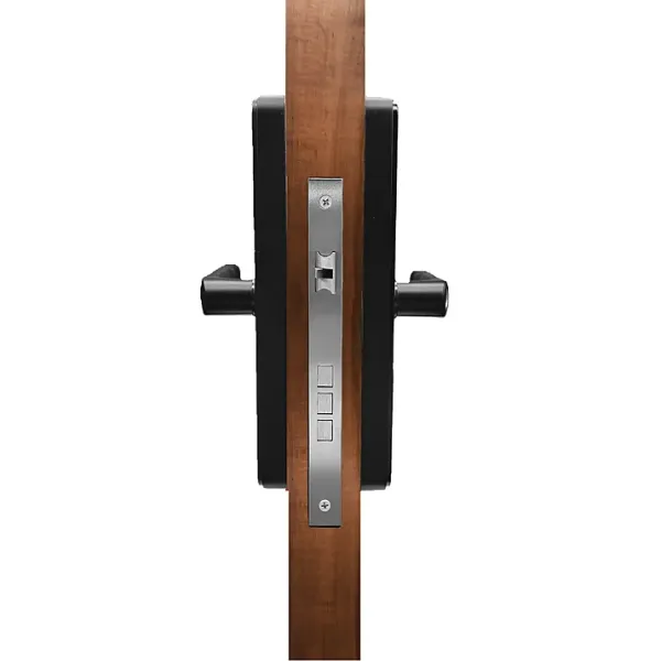 Vista de perfil cerradura digital negra modelo SG290 montada en puerta puerta, con teclado táctil y lector de huella.