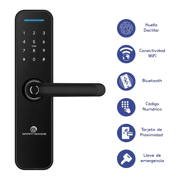 Cerradura digital para puerta modelo SG290, color negro, con acceso por huella y teclado.